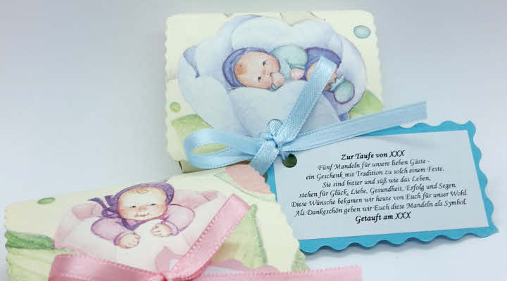 m.Mandeln Gastgeschenke Taufe Baby rosa Kartonage 