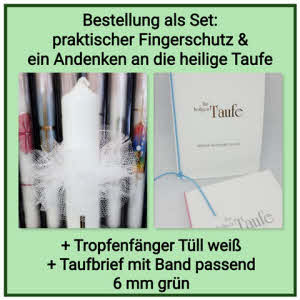 Geld sparen? Taufkerze als komplettes Set für den Paten bzw. die Patin (Aufpreis Euro 15,00): Bestellung als Set. Besteht aus: Taufkerze, Tropfschutz & Taufbrief klassisch